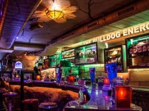 שלט מואר THE BULLDOG ENERGY מעל בר הסלע, מדפי כוסות וחטיפים ושרפרפים לאורך הדלפק